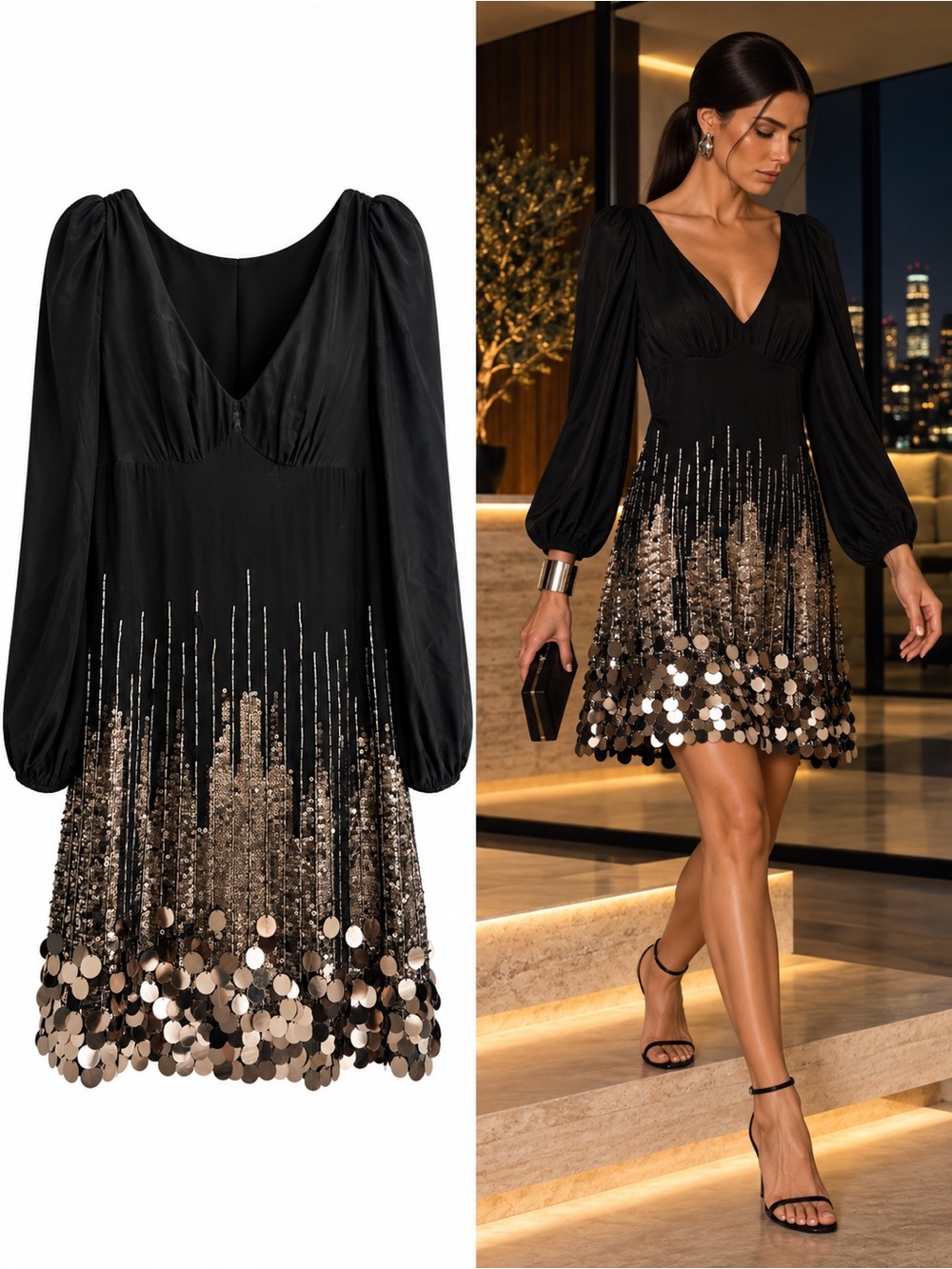 Vintage Karen Millen Y2K 100% Silk Paillette Sequin Embellished Mini Dress Size